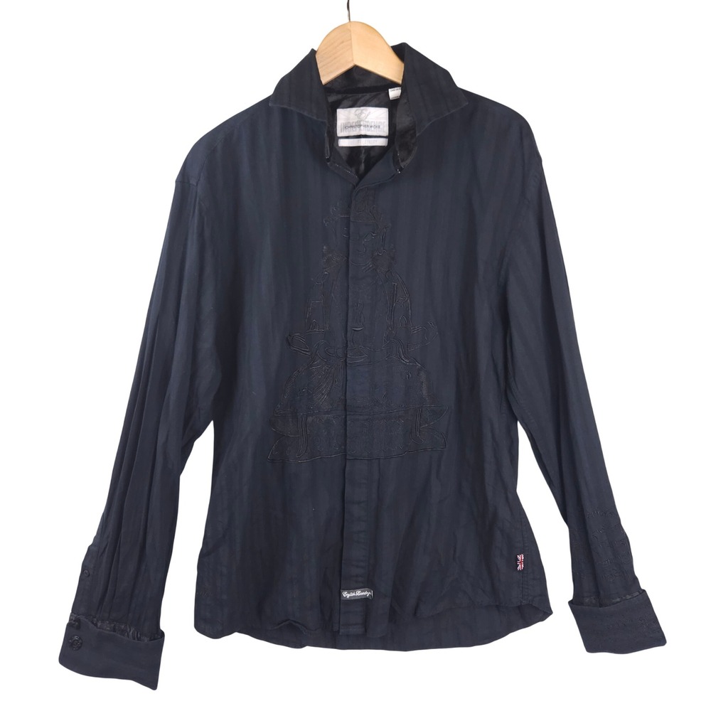 English Laundry Men's‎ Shirt L Black Embroidered Buddha Sanskrit Script Cotton